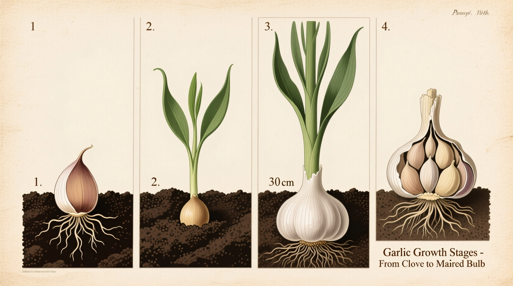 Garlic growth stages from clove to mature bulb
