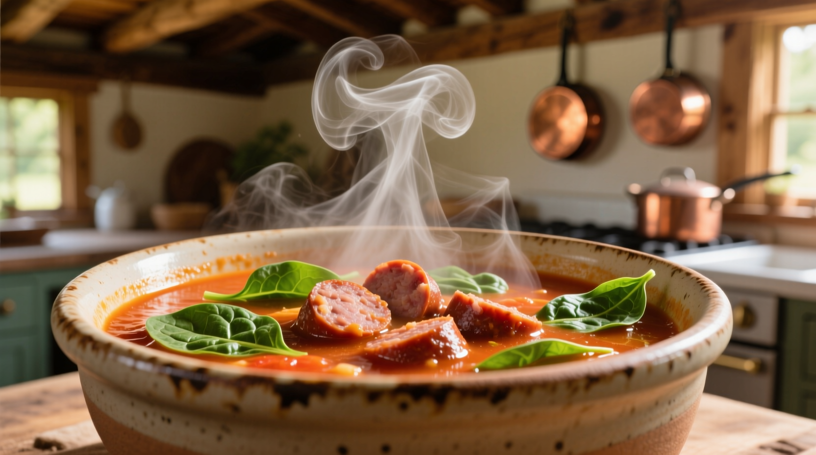Steaming bowl of Italian sausage soup with spinach
