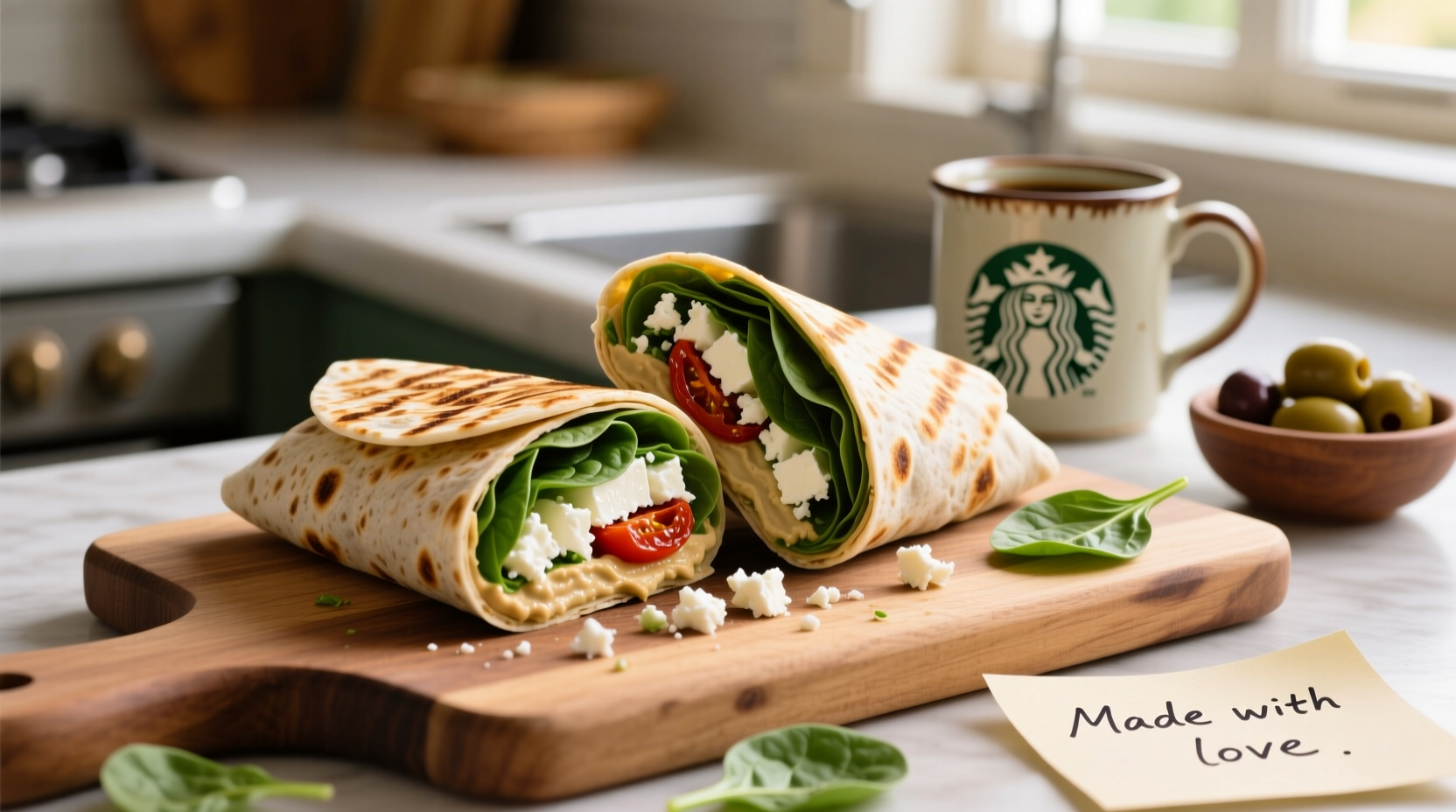 Homemade Starbucks feta spinach wrap cut in half