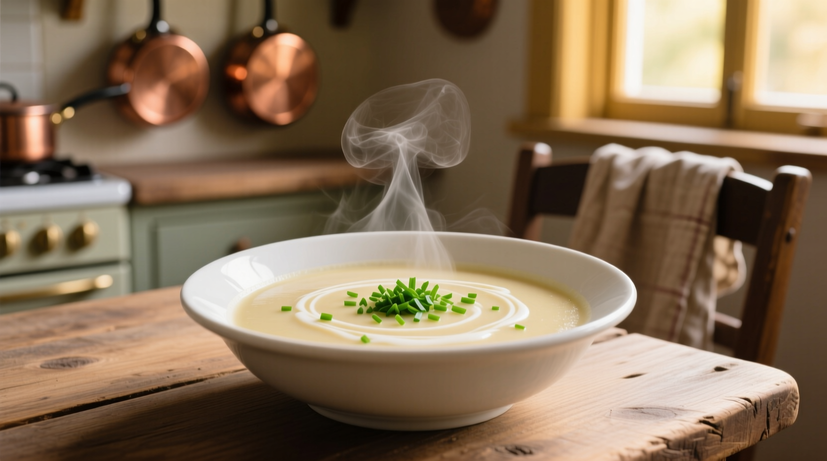Creamy potato soup in white bowl with chive garnish