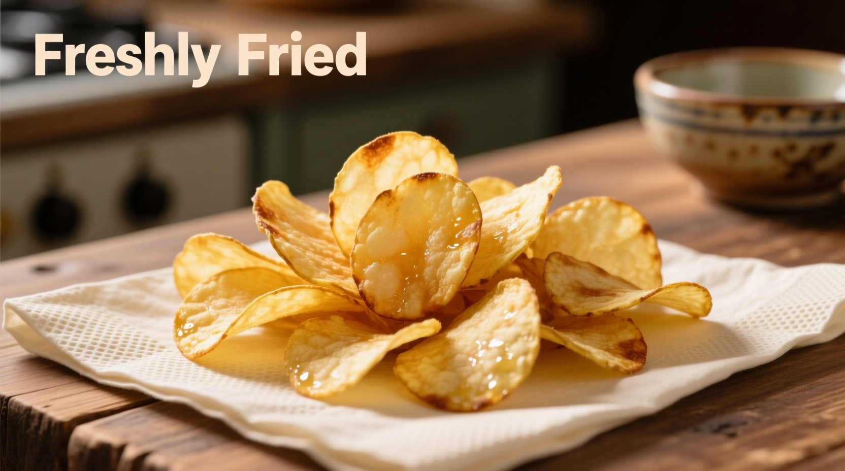 Perfect golden homemade potato chips on paper towel