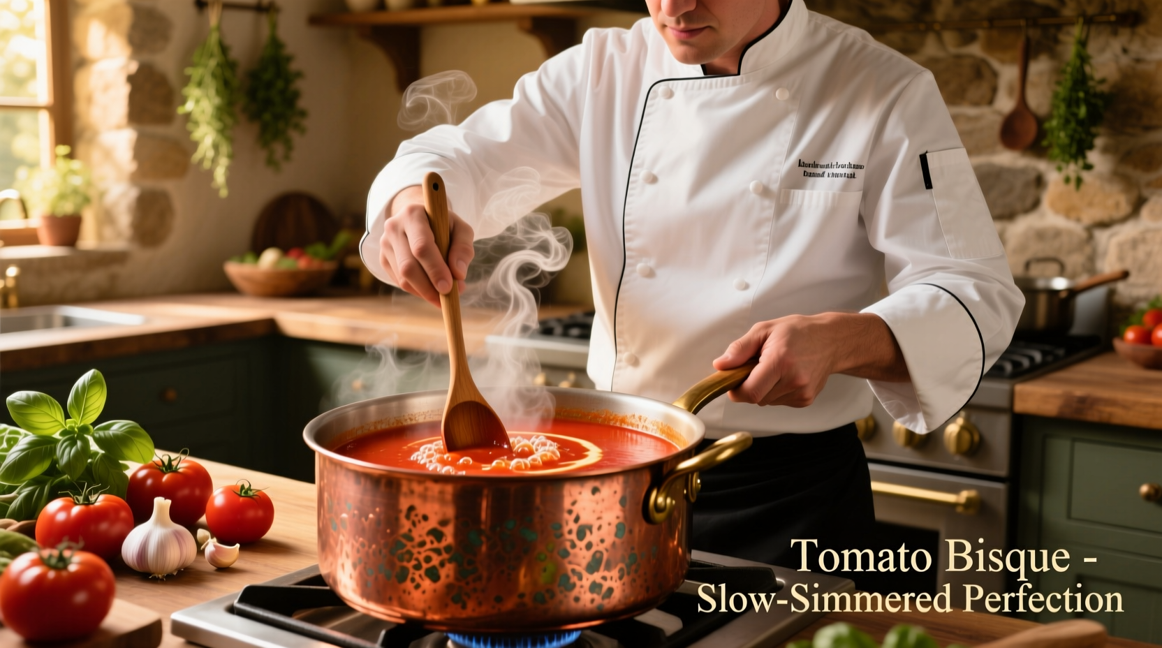 Chef stirring vibrant red tomato bisque in copper pot