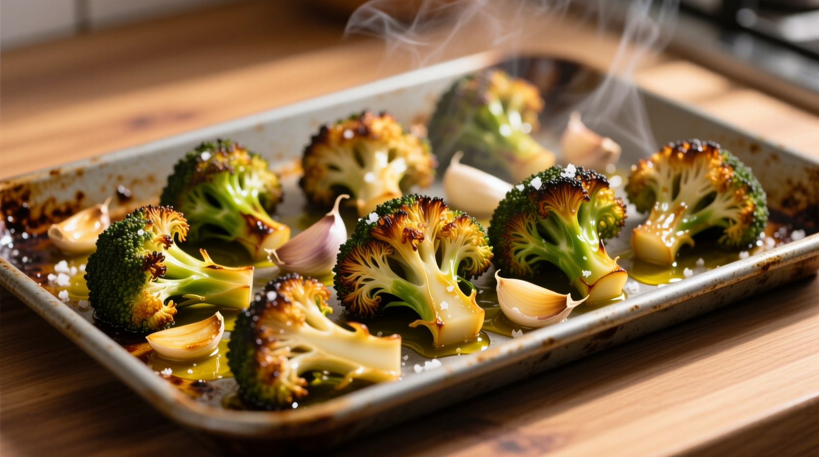 Golden roasted broccoli florets with garlic on baking sheet