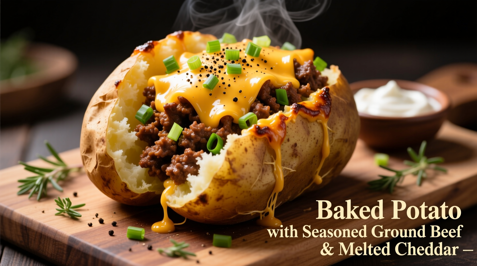 Baked potato with seasoned ground beef and melted cheddar
