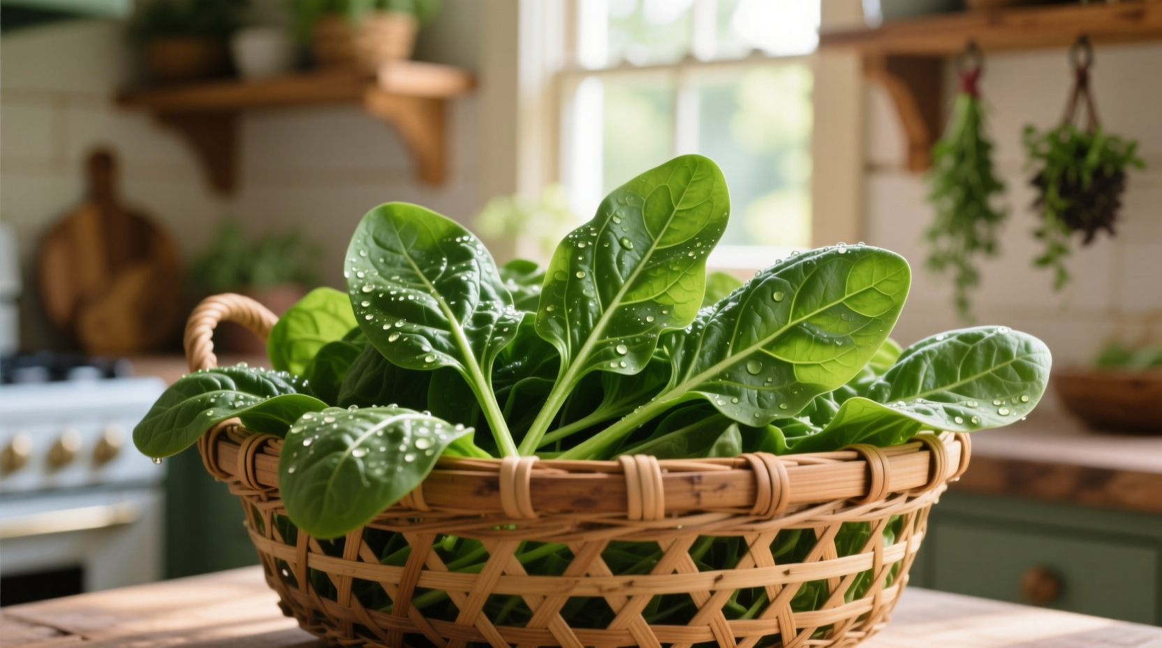 Fresh vine spinach leaves in a woven basket