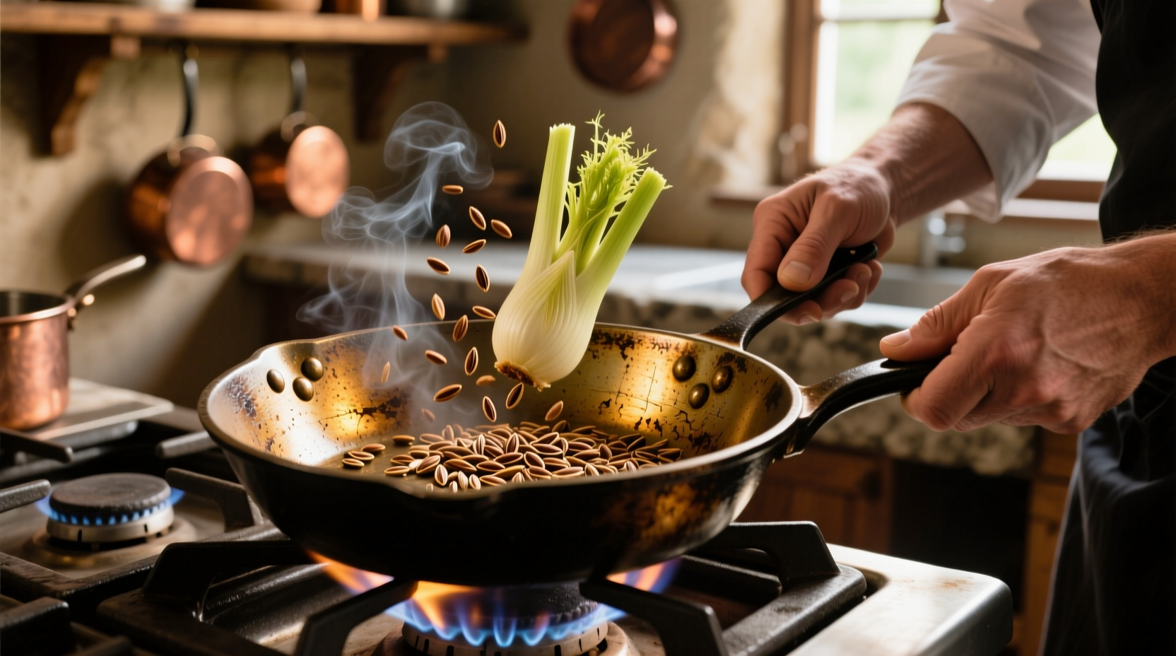 Chef toasting fennel seeds in cast iron skillet