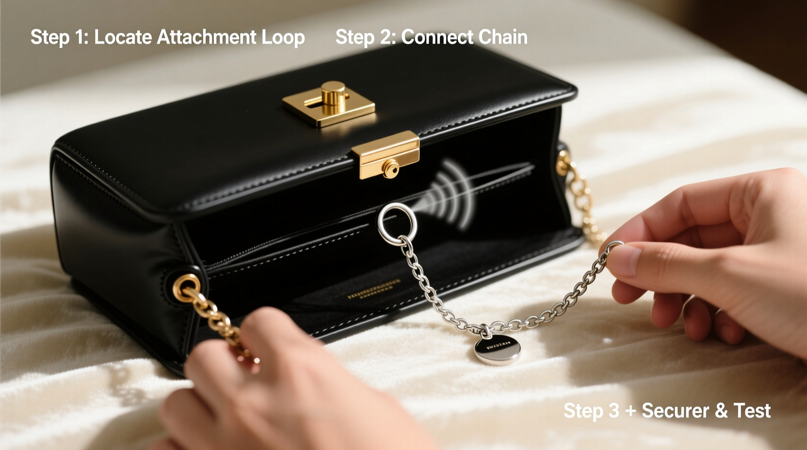 step by step guide to securely attach a bag pendant chain to your designer handbag