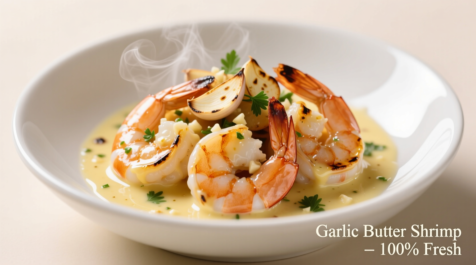 Perfectly cooked garlic butter shrimp in white ceramic dish