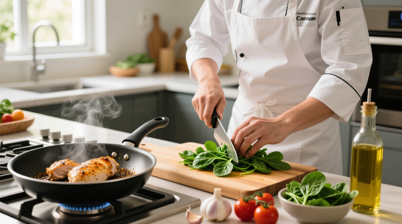 Chef preparing healthy chicken spinach recipe