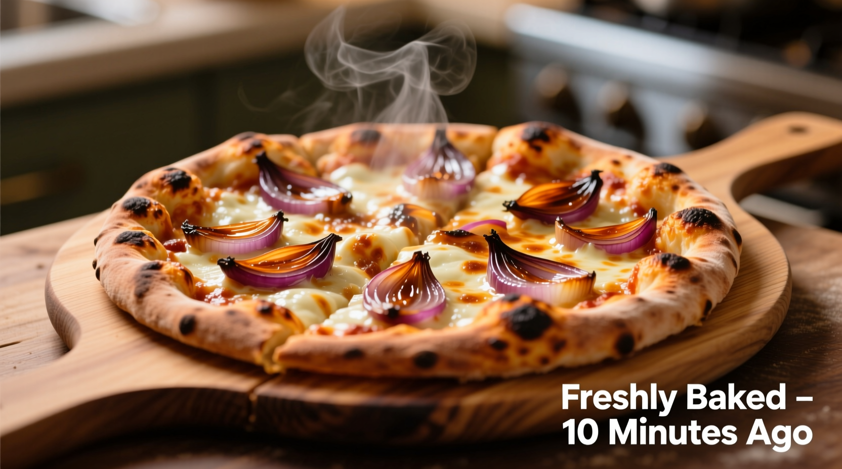 Freshly baked pizza with caramelized onions on wooden peel