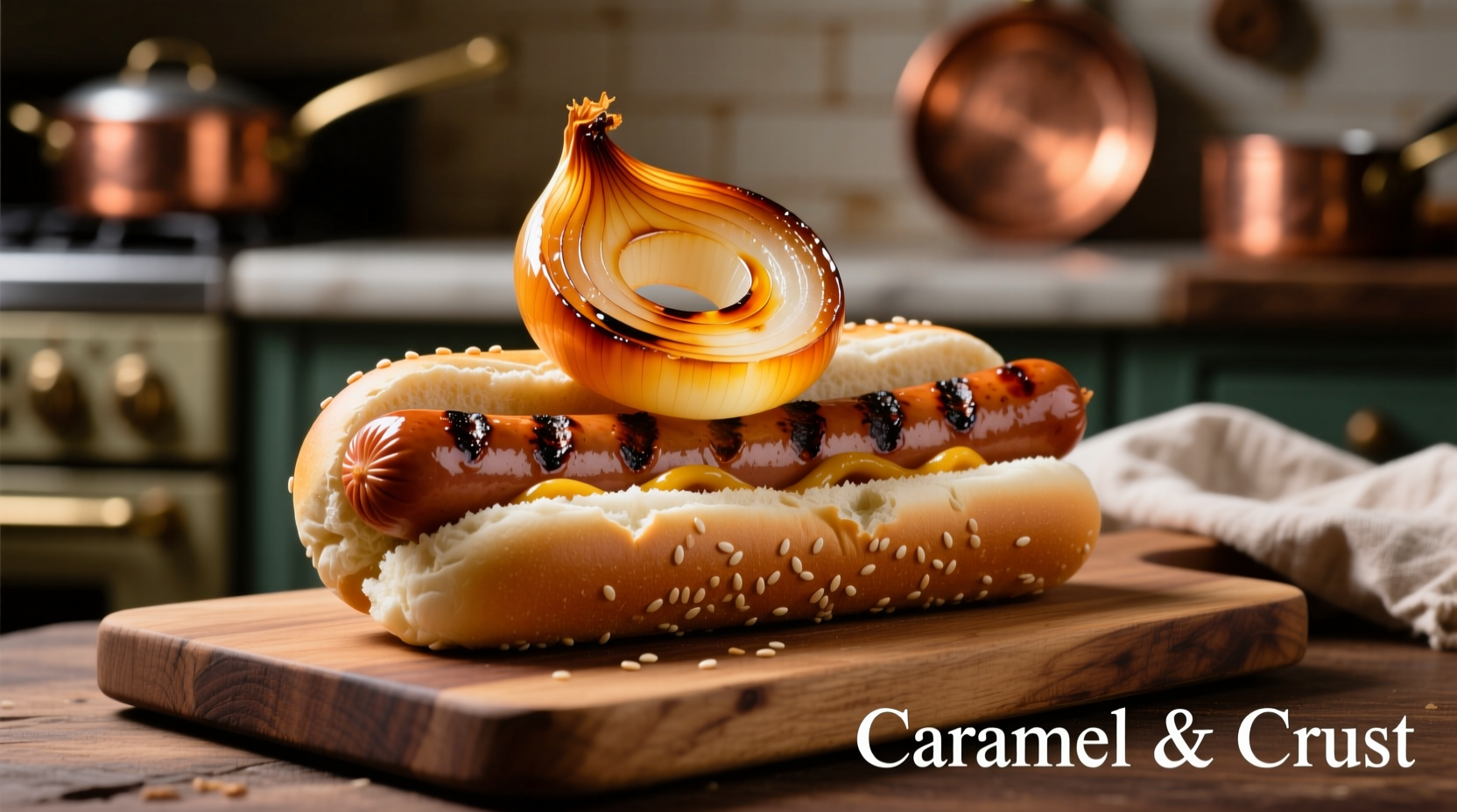 Perfectly caramelized onions on artisanal hot dog