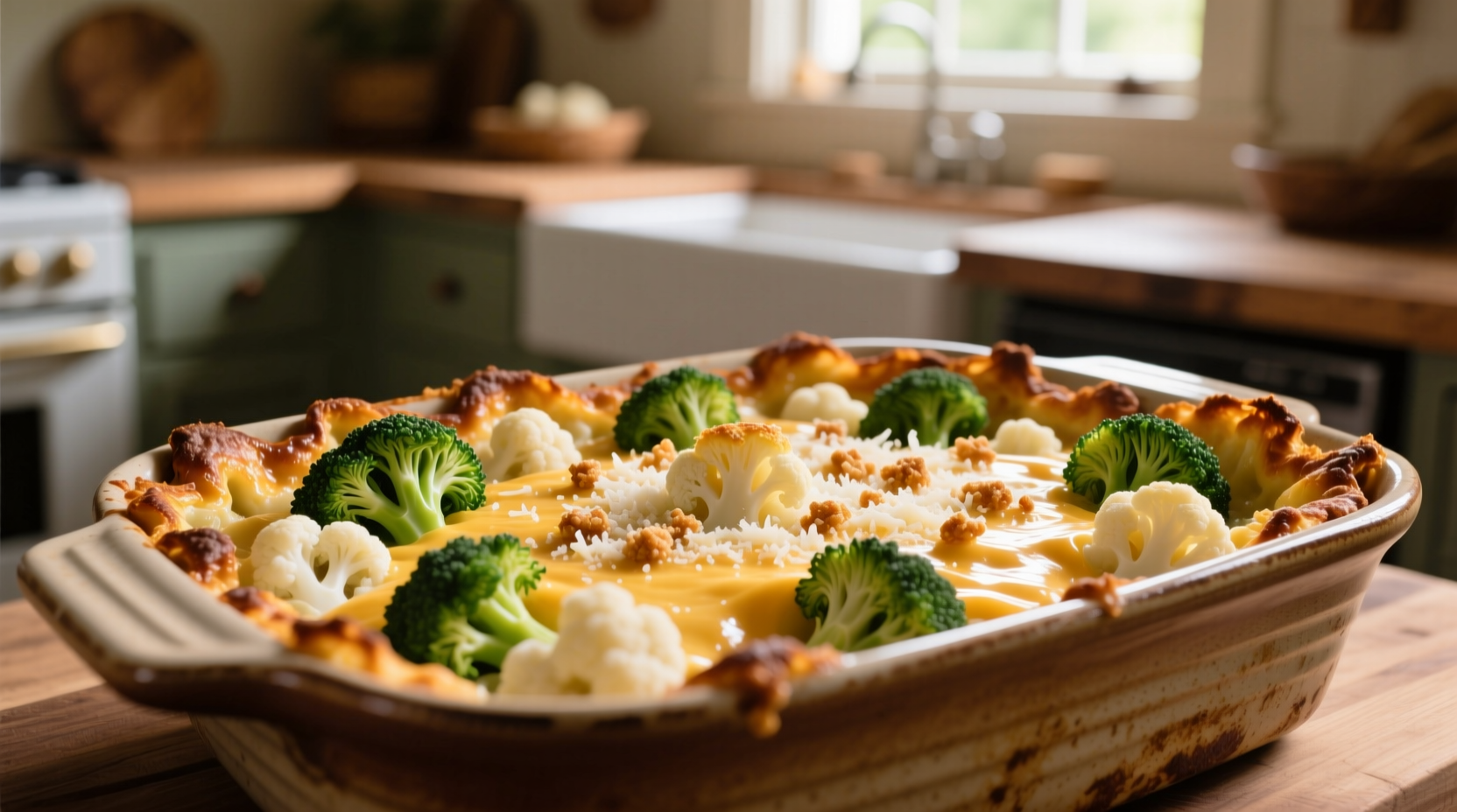 Golden brown cauliflower broccoli casserole in baking dish