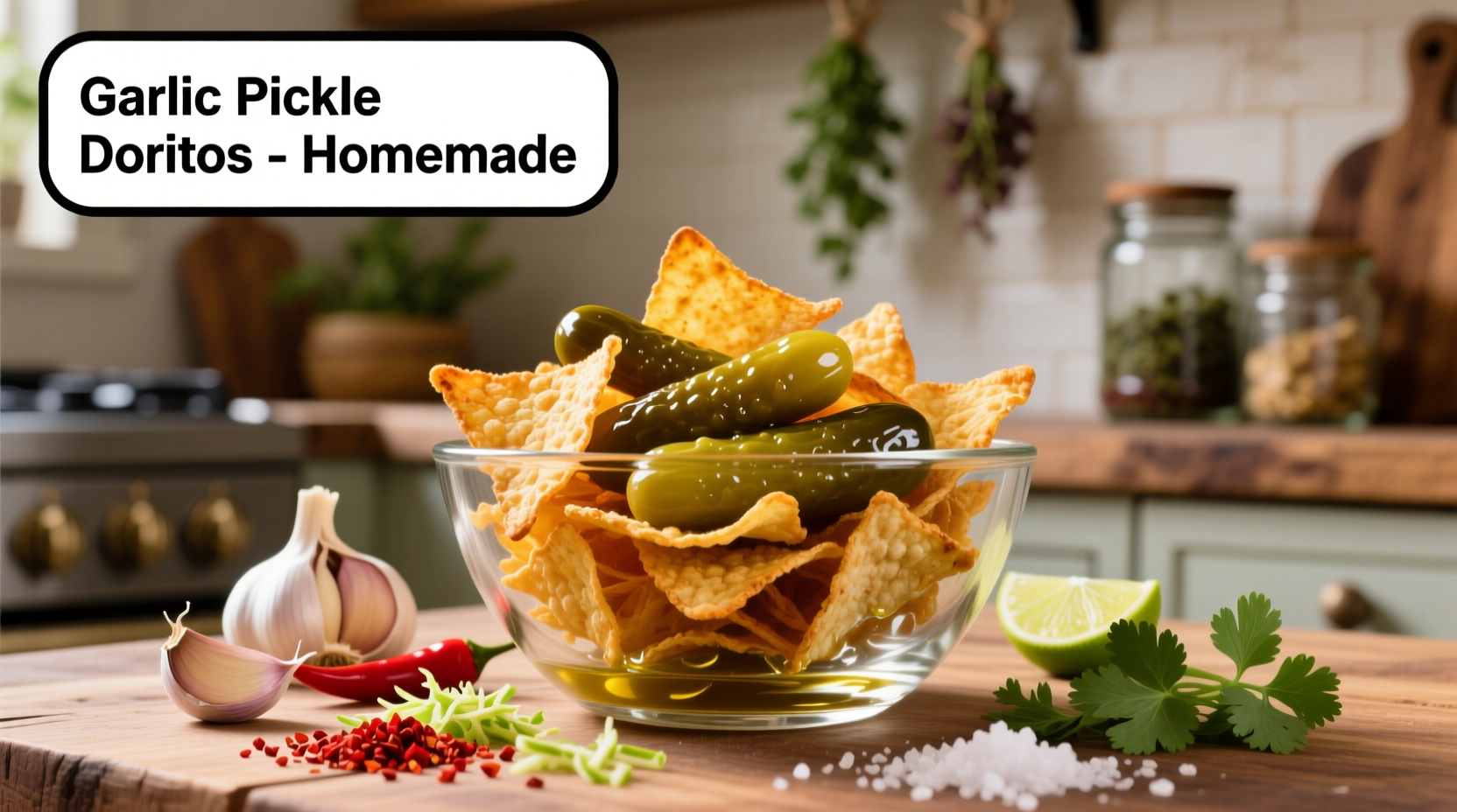 Homemade garlic pickle doritos in glass bowl with ingredients
