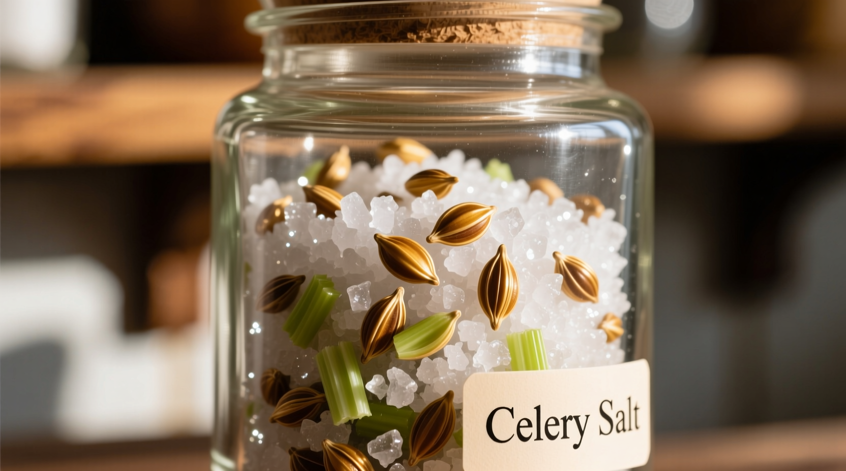 Close-up of celery salt in a spice jar with celery seeds