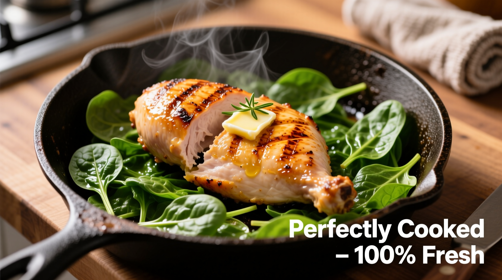 Perfectly cooked chicken breast with fresh spinach in skillet