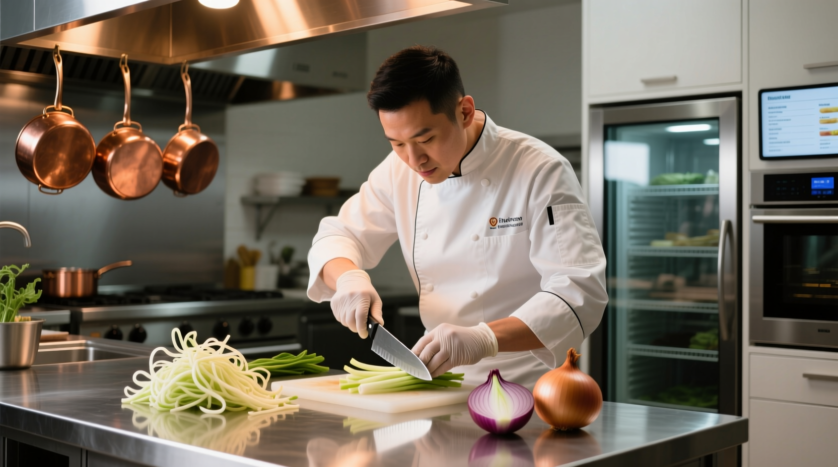 Chef preparing onion substitutes in professional kitchen
