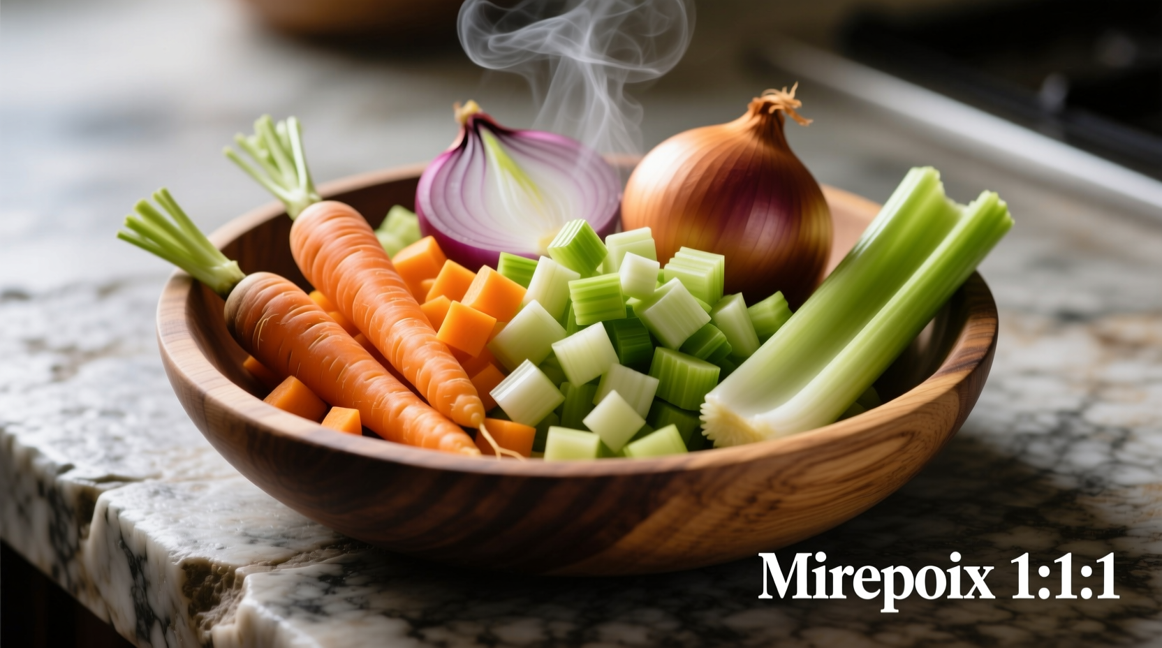 Chopped mirepoix vegetables in perfect ratio