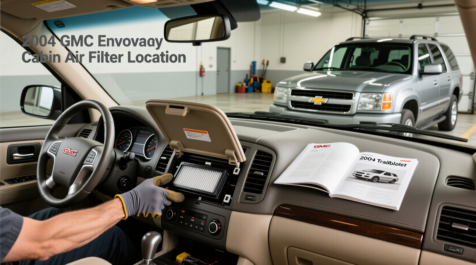 Diagram showing 2004 GMC Envoy cabin air filter location and undercarriage components