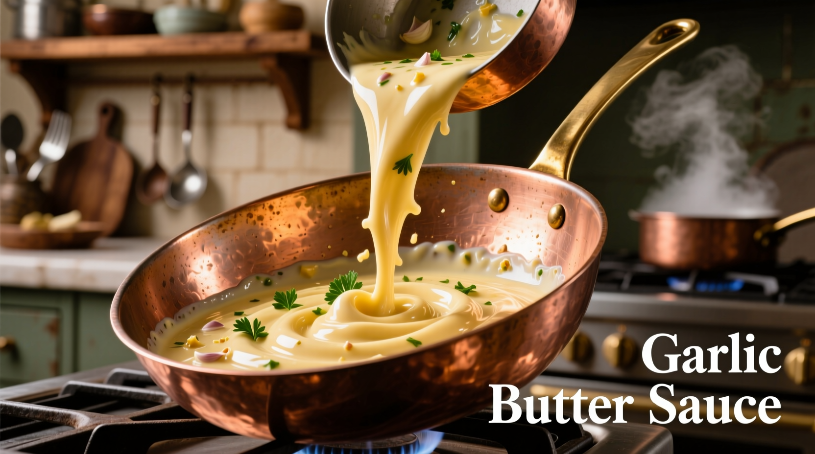 Creamy garlic butter sauce in copper pan