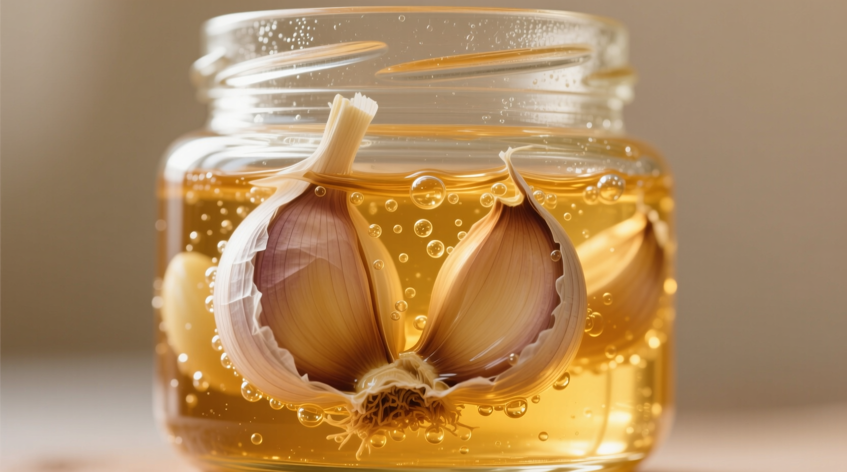 Glass jar with garlic cloves fermenting in golden honey