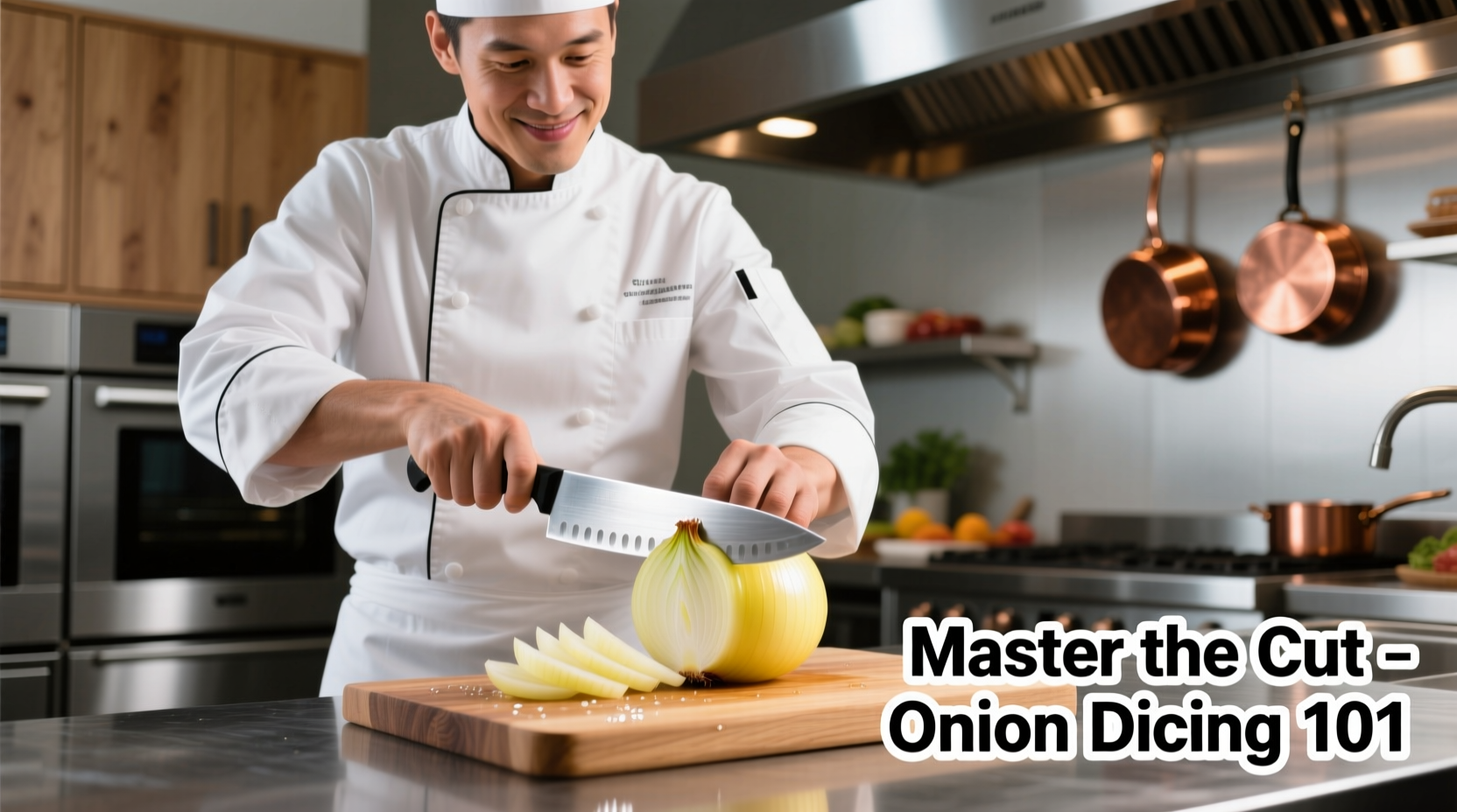 Professional chef demonstrating proper onion dicing technique