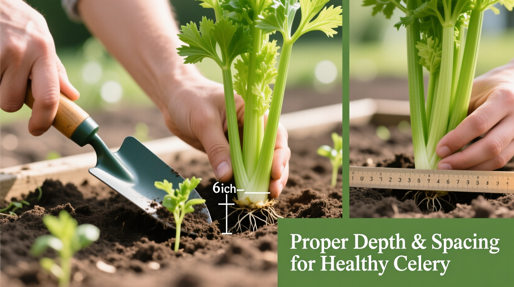 Step-by-step celery planting demonstration showing proper depth and spacing