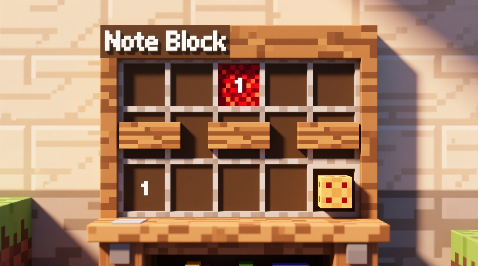 Minecraft crafting grid showing note block recipe with wood planks and redstone