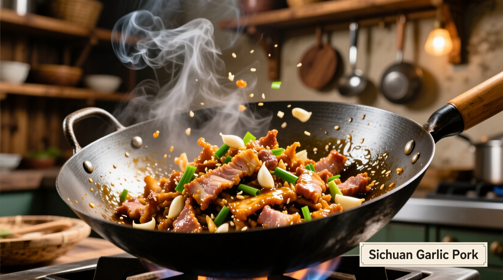 Shredded pork with garlic sauce in wok