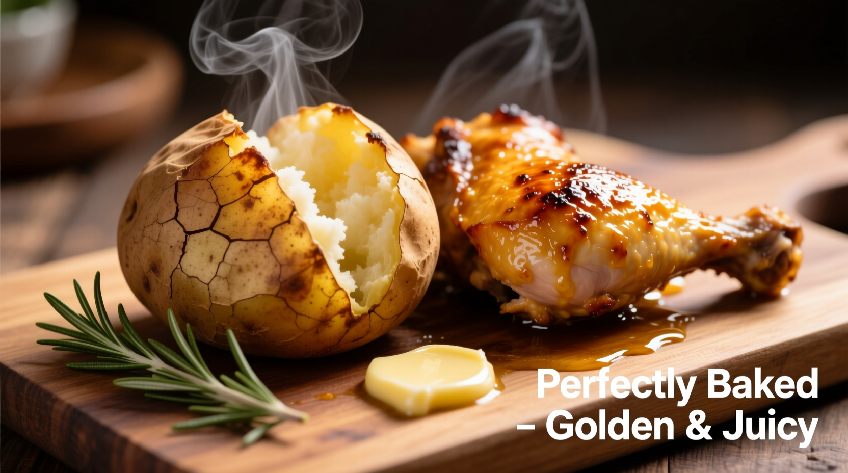 Perfectly baked potato with golden chicken