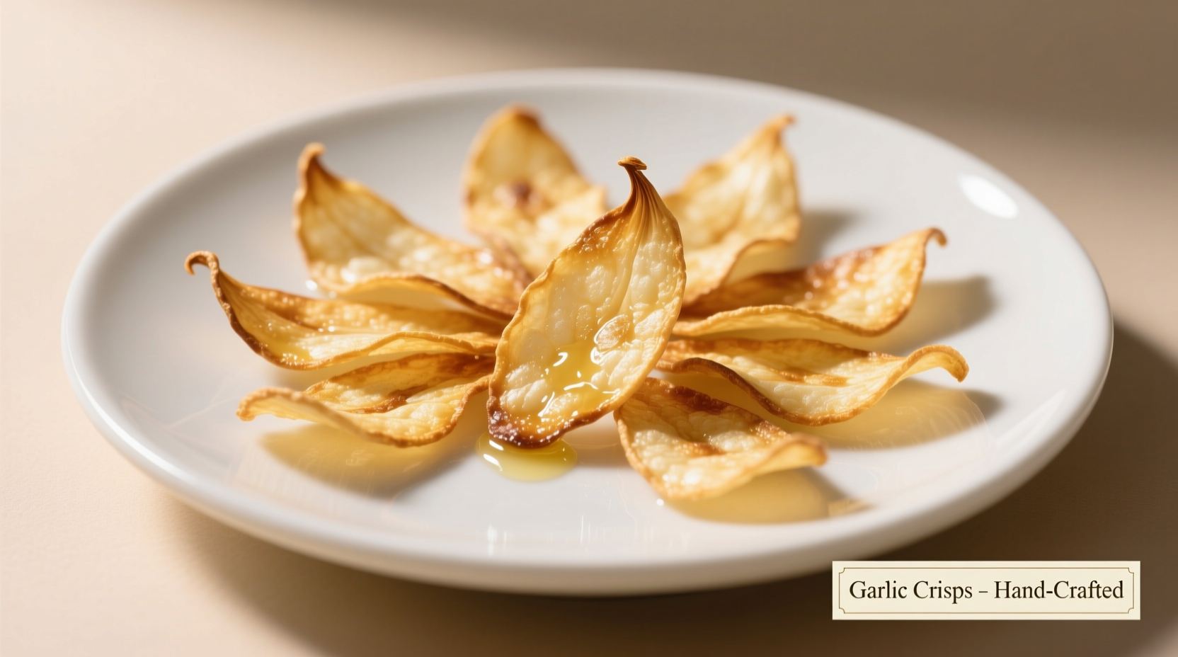 Golden crispy garlic slices on white plate