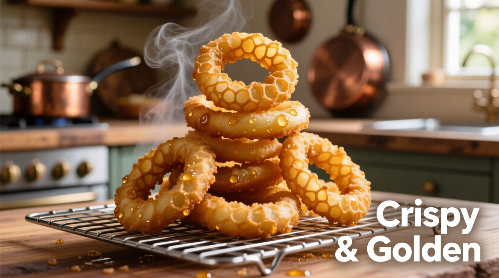 Golden brown onion rings on wire rack