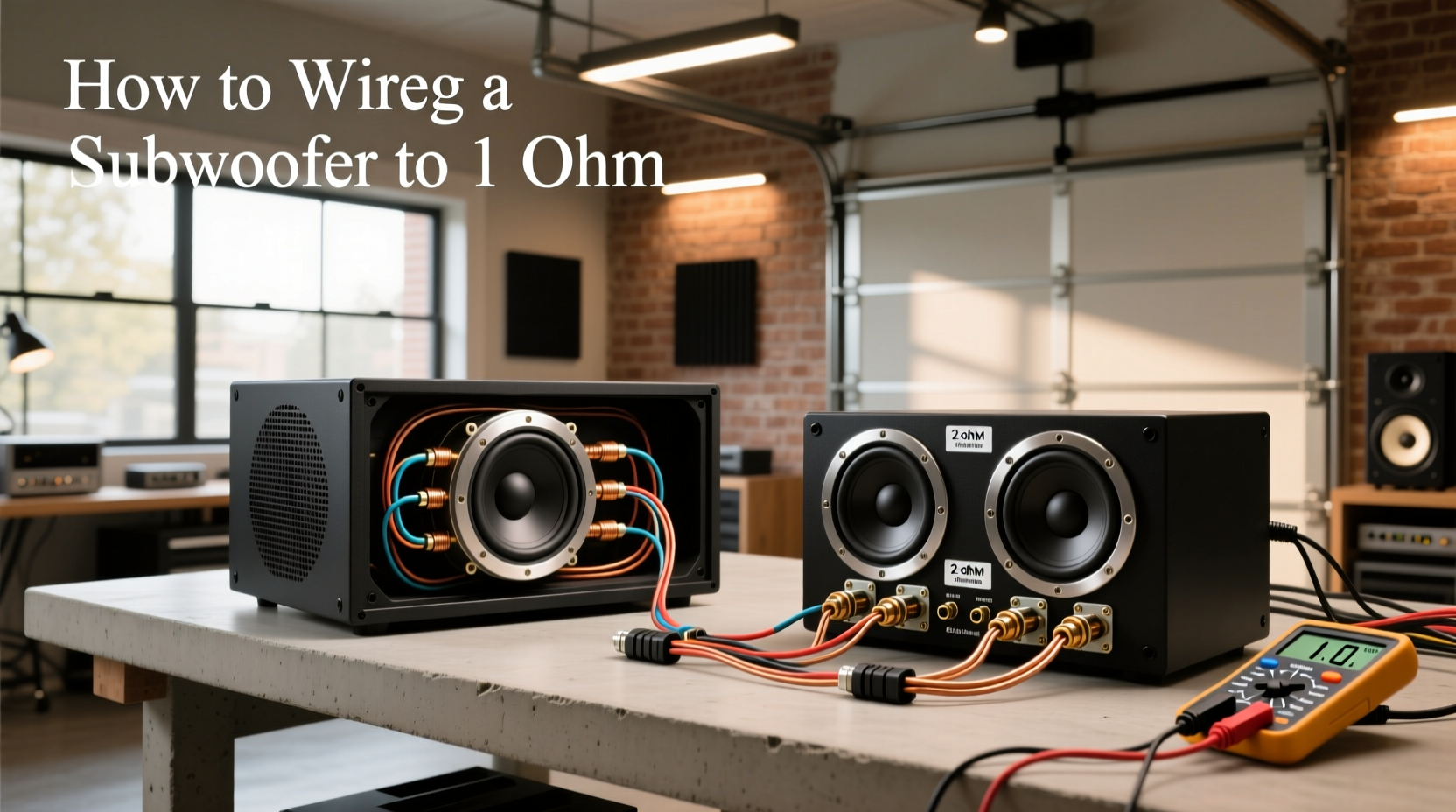 Wiring diagram showing how to connect a dual voice coil subwoofer to achieve 1 ohm load