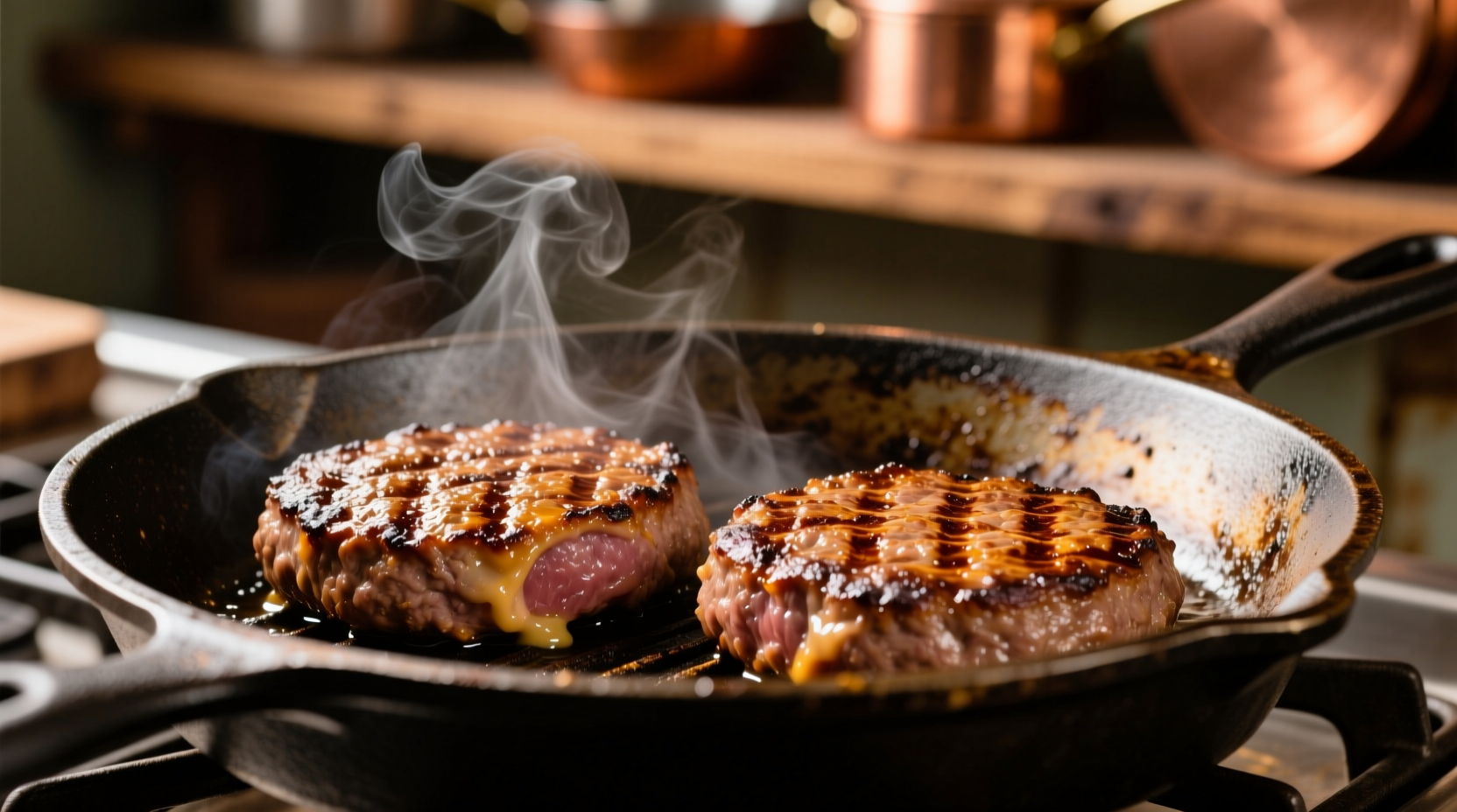 Perfectly seared hamburger patties on cast iron skillet