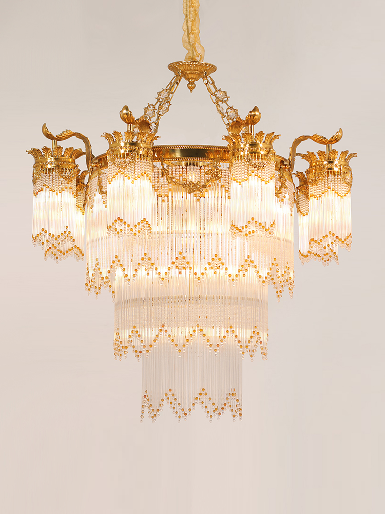 copper light pendant chandelier lamps gold color K9 crystal pure copper lamp for villa decoration