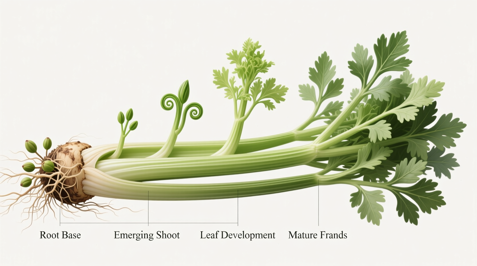 Celery regrowth stages from base to leafy greens