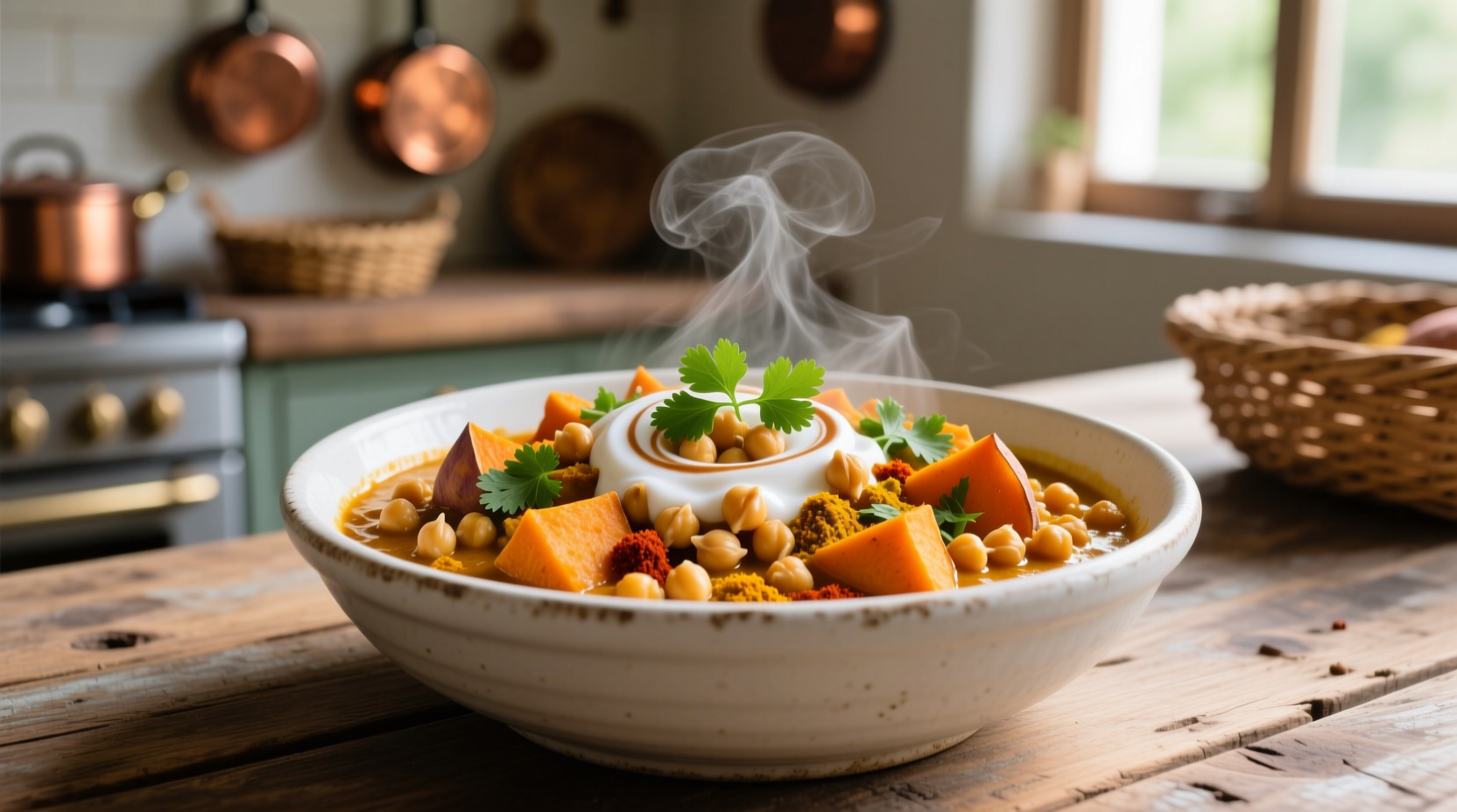 Vibrant chickpea sweet potato curry in white bowl