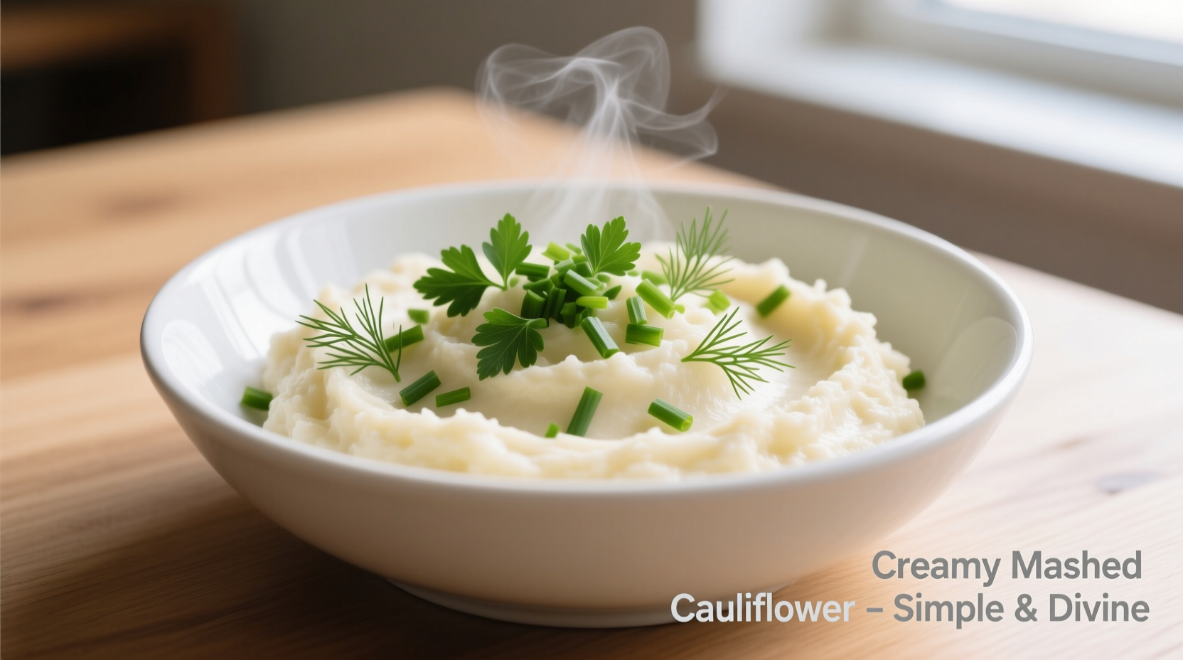 Creamy mashed cauliflower in white bowl with herbs