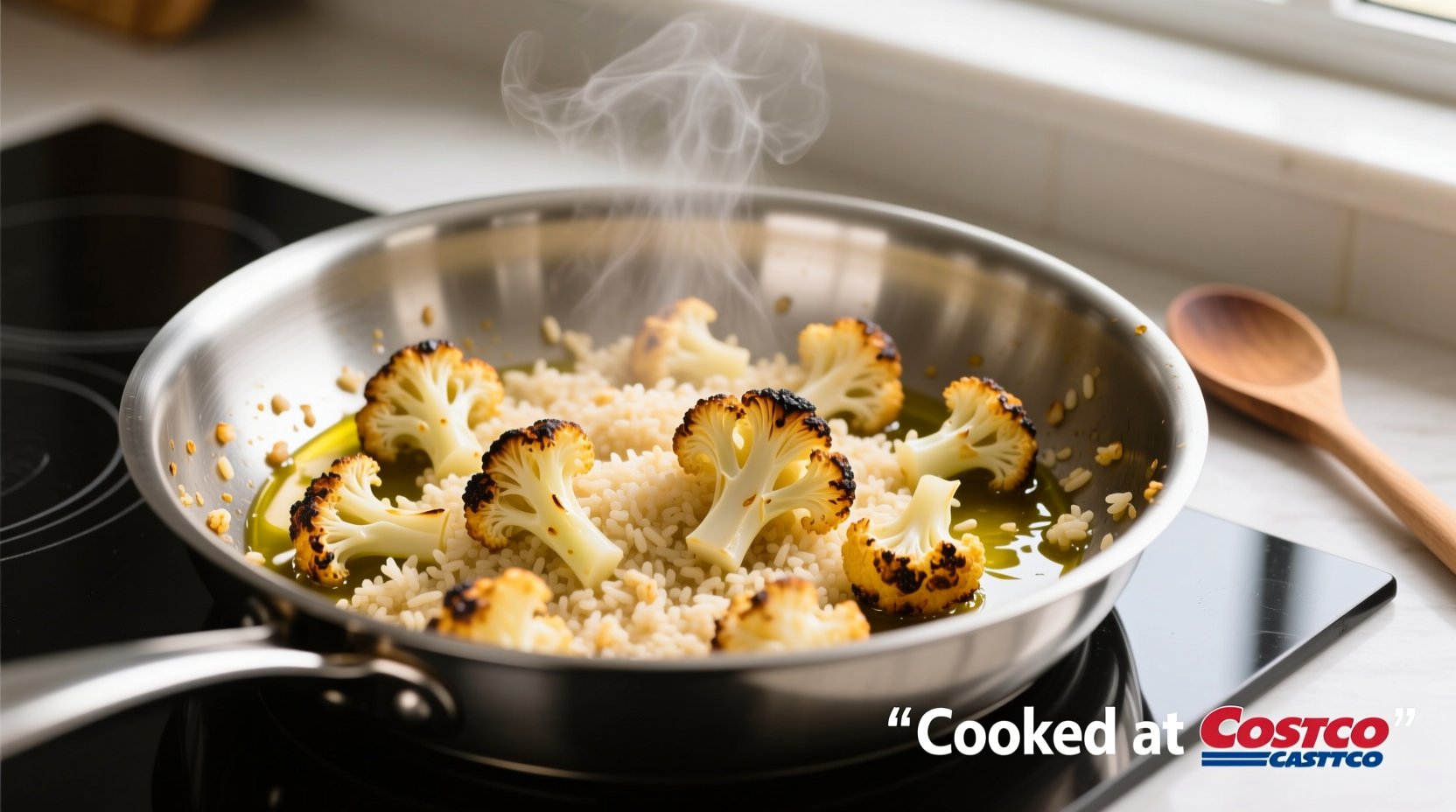 Costco riced cauliflower in cooking pan
