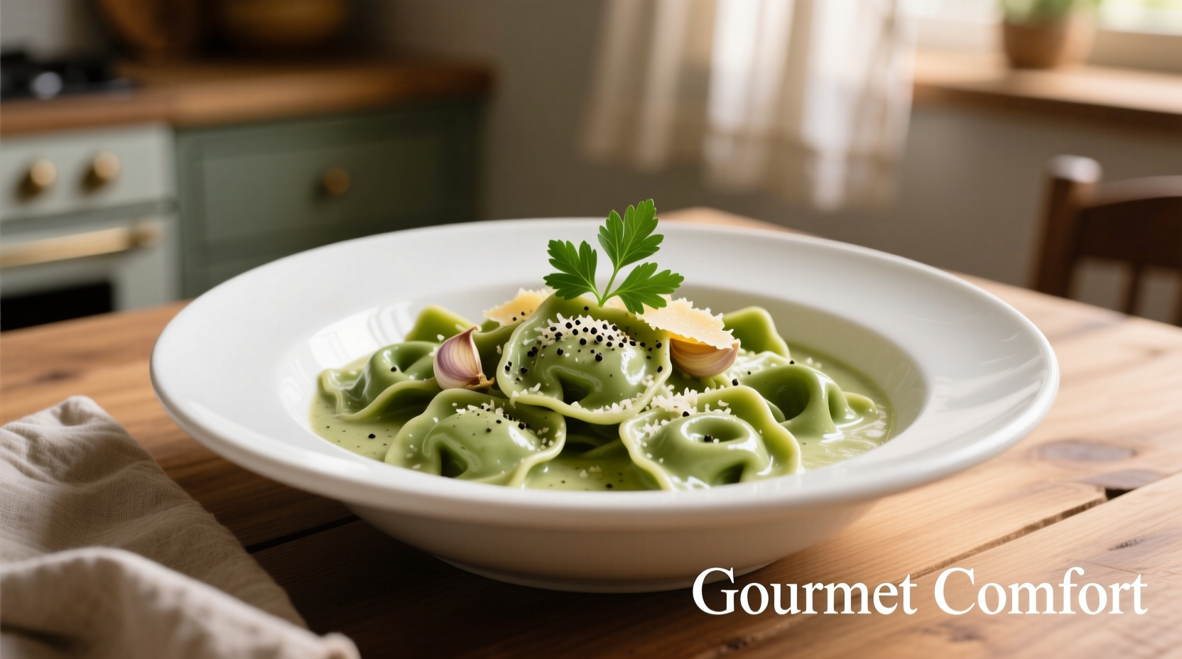 Creamy spinach tortellini in white bowl with garlic and parmesan