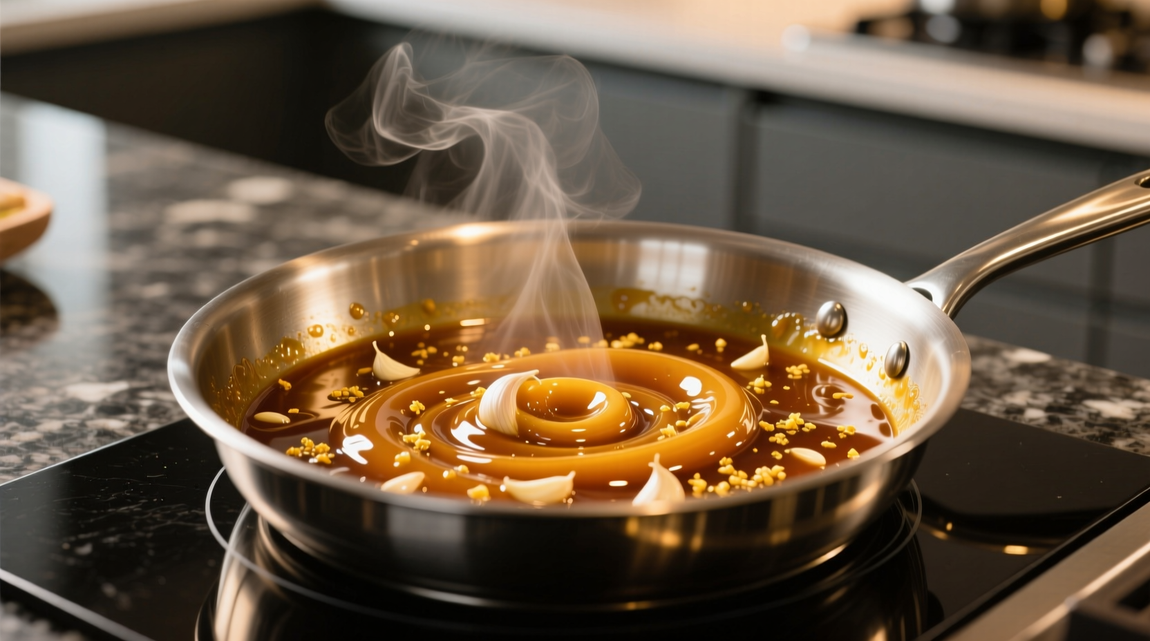Golden honey garlic sauce bubbling in stainless steel pan