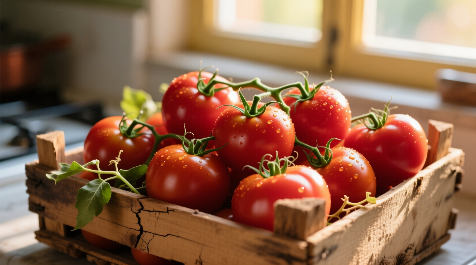 Fresh San Marzano tomatoes in wooden crate