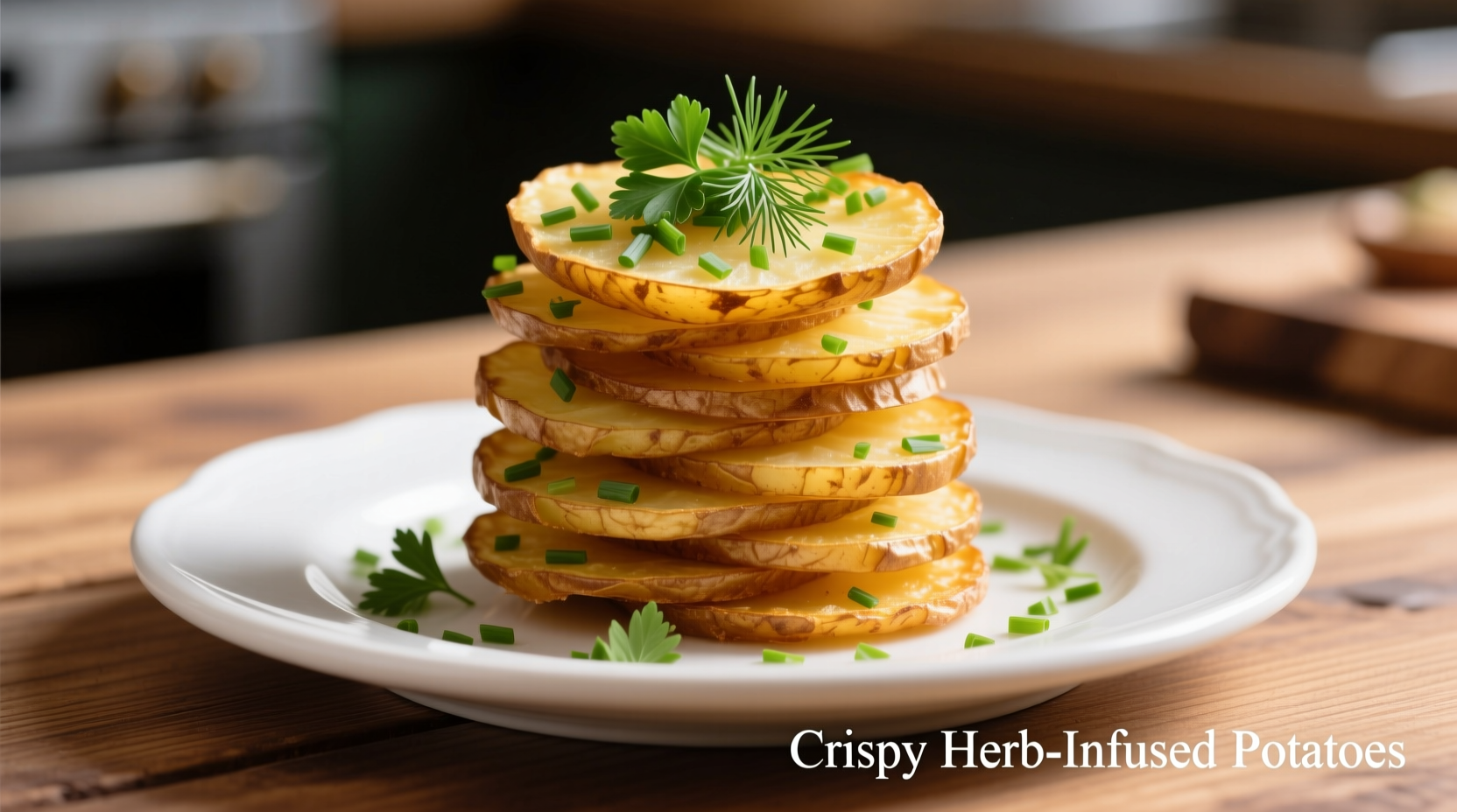 Golden brown potato stacks with herb garnish on white plate