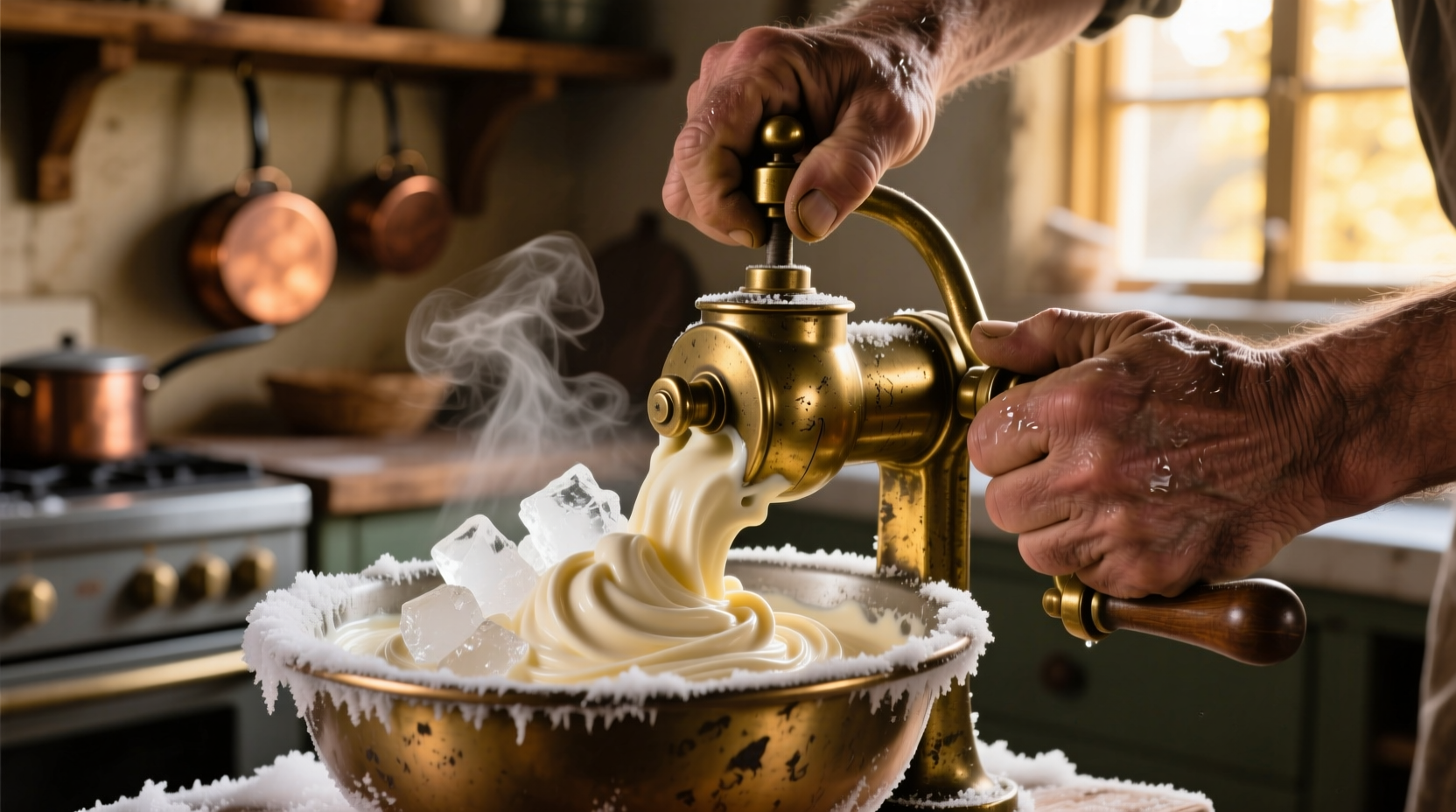 Hands cranking ice cream maker with salted ice mixture