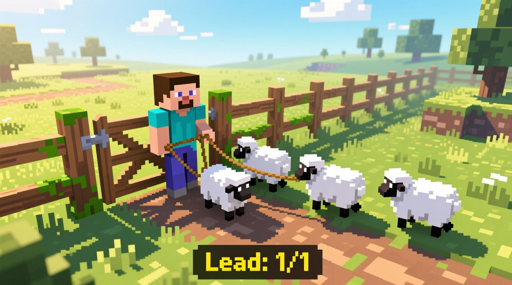 Minecraft player using lead to guide multiple sheep through fence gate