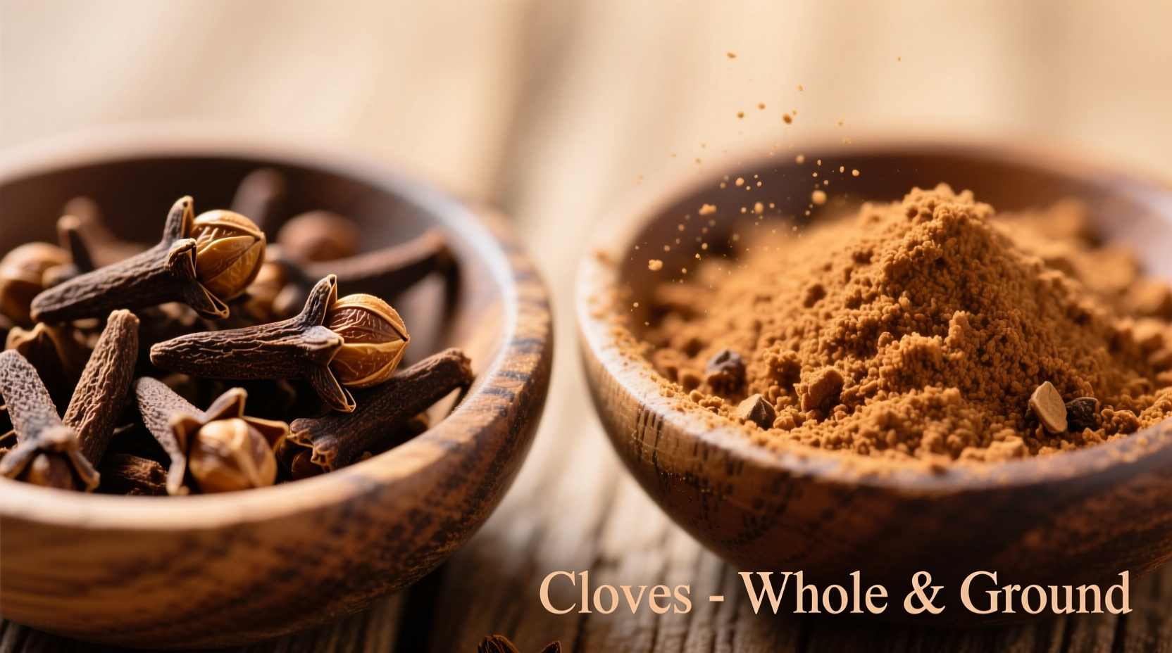 Whole cloves next to ground cloves in wooden bowls