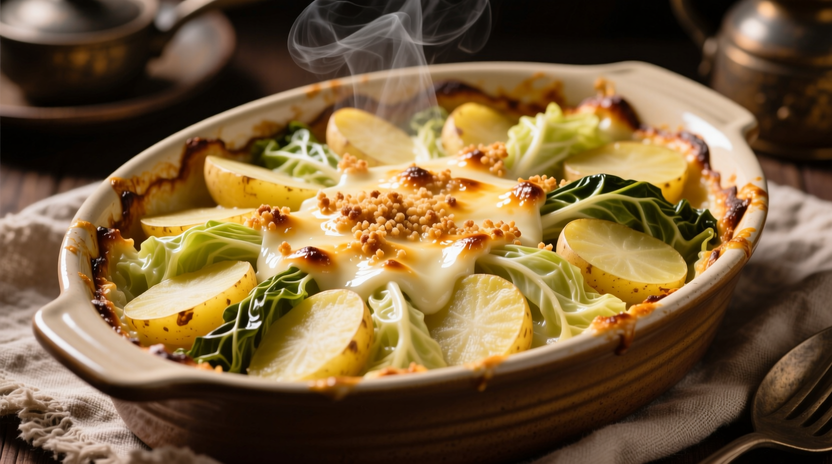 Layered cabbage potato casserole in baking dish