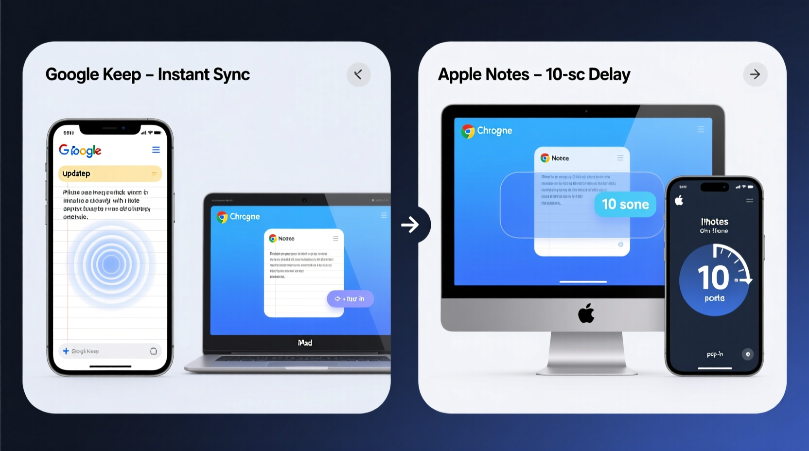 Side-by-side animation showing Google Keep updating a note on iPhone, then instantly appearing on a Chromebook and iPad, while Apple Notes shows a 10-second delay before the same note appears on Mac and iPad