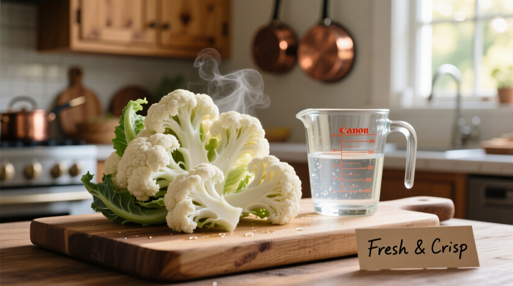 Fresh cauliflower florets on cutting board with measuring cup