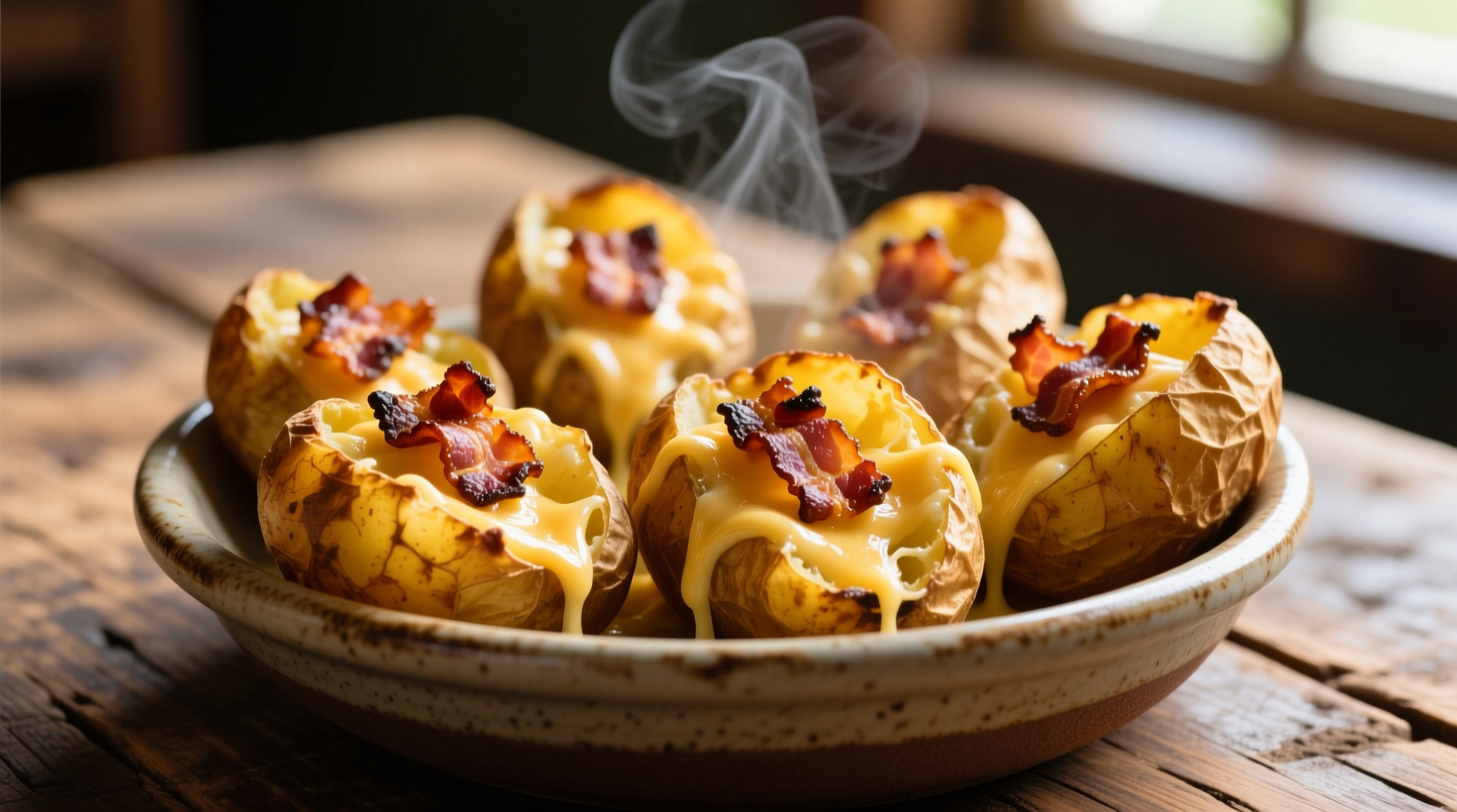 Crispy potato skins topped with bacon and melted cheese