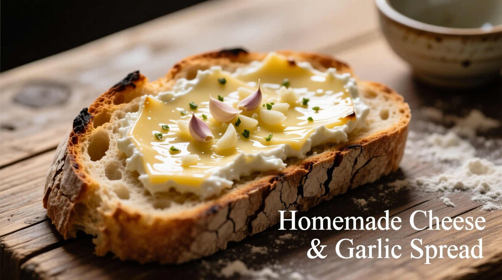 Homemade cheese and garlic spread with crusty bread